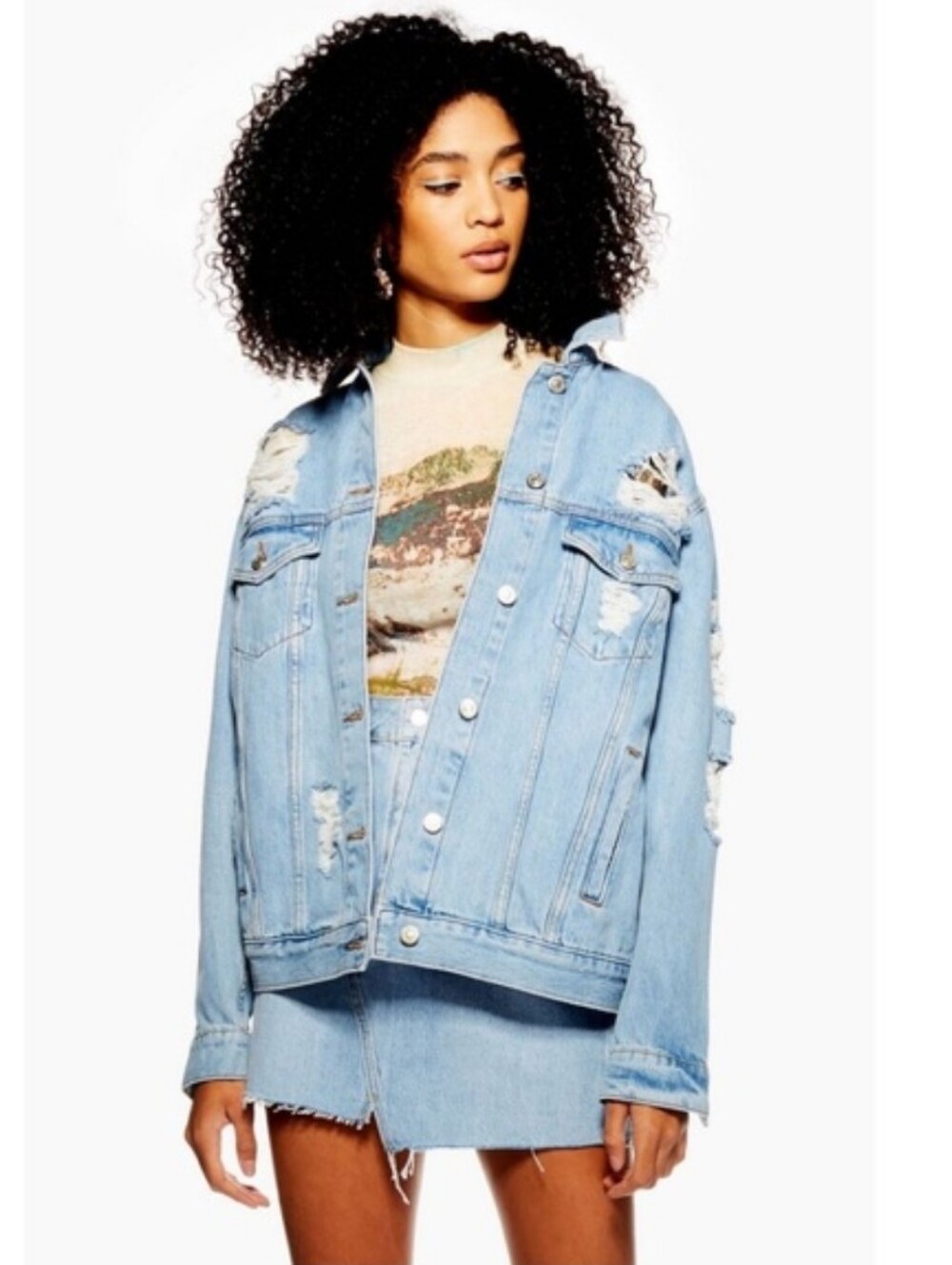 Topshop Light Wash Distressed Denim Jacket Grunge Streetwear Closet Staple US 10